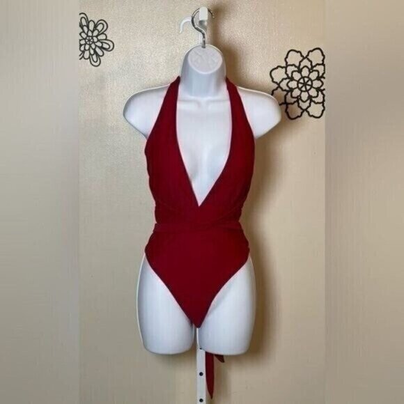 Cupshe Women One Piece Swimsuit Medium Red V-Neck Crisscross Back High Waist - Picture 3 of 9